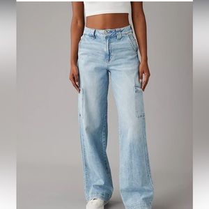 AE Dreamy Drape Stretch Super High Waisted Cargo Baggy Wide Leg Jean in Skylight